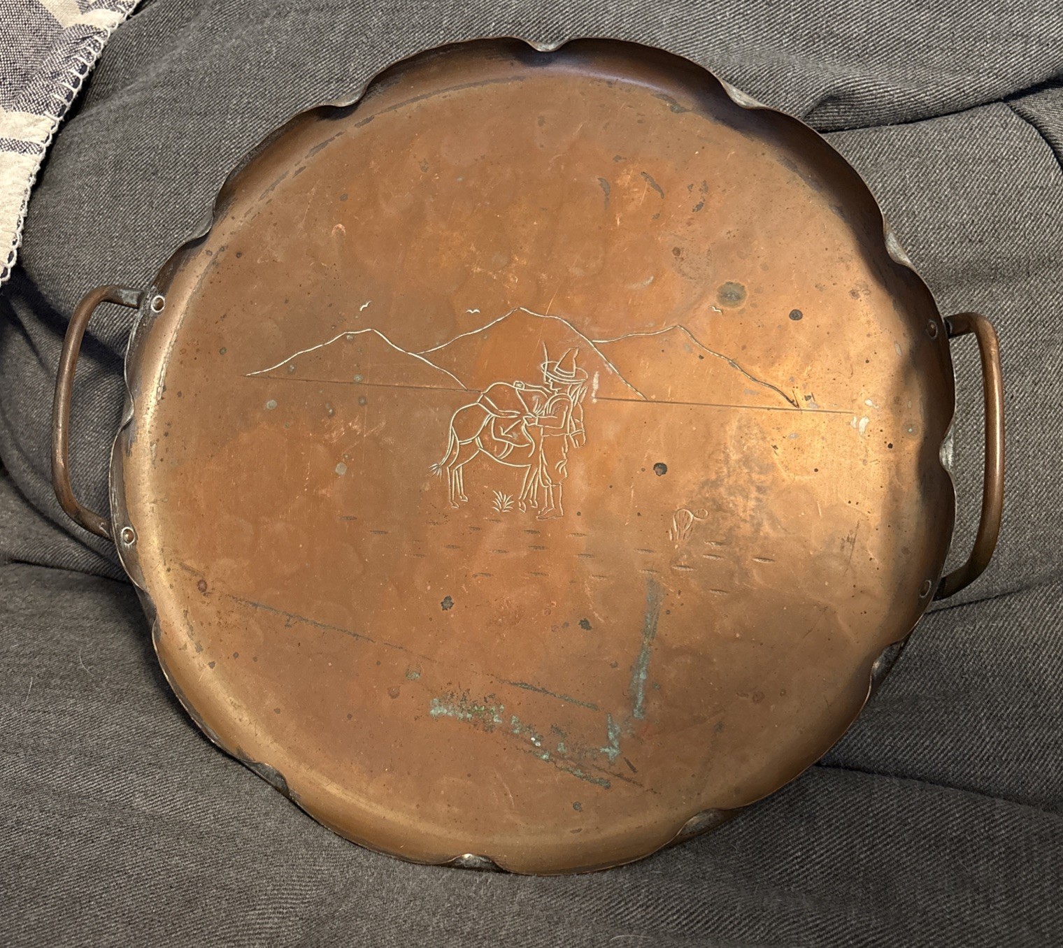 Post 1920 Craftsman Studios Hammered Copper MEXICAN MAN &DONKEY Scolloped Tray