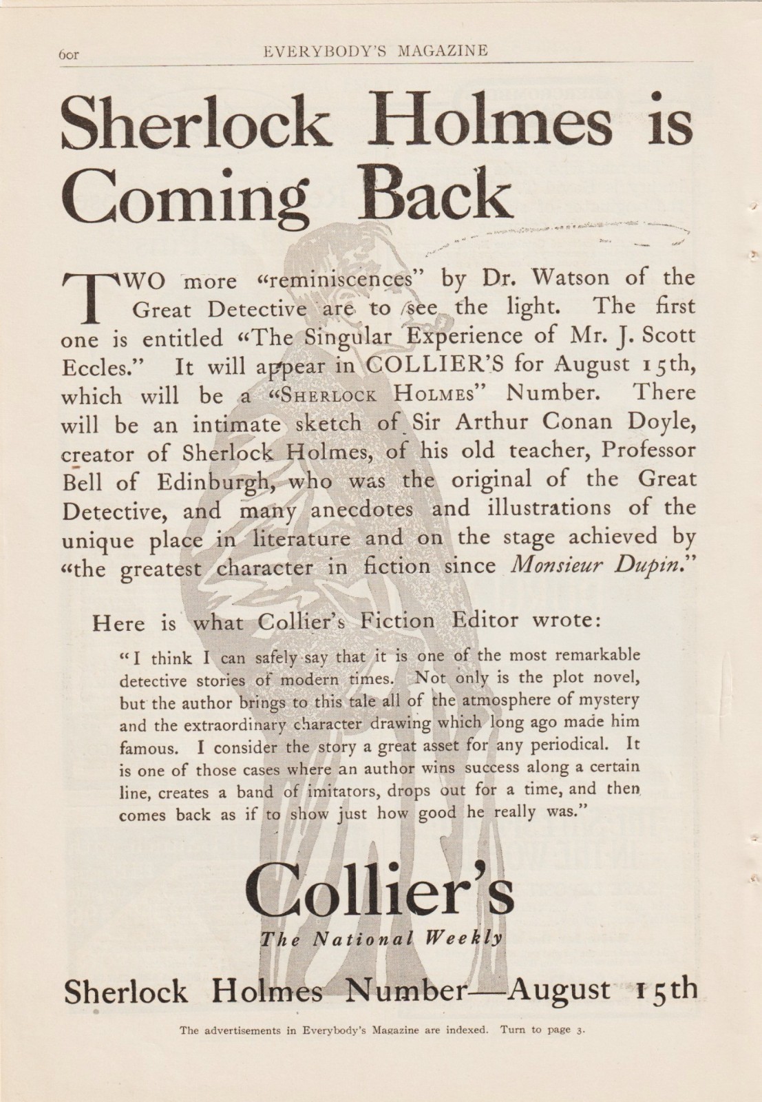 1908 COLLIER'S SHERLOCK HOLMES IS COMING BACK AD