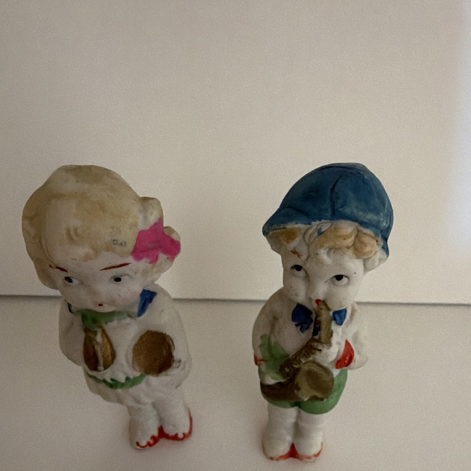 Vintage Japan Bisque Figurines Boy Girl Musicians Saxophone Brass Horn Pair