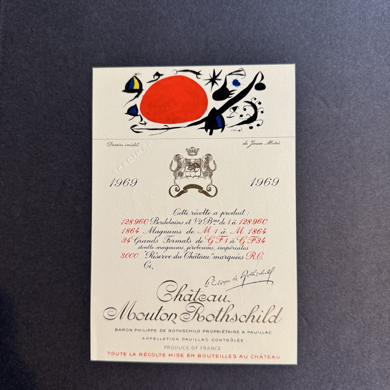 1969 Chateau Mouton Rothschild Wine Label  Hand Signed Joan Miro 1/75 Rare