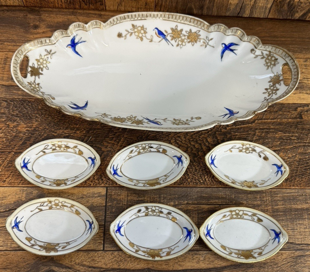 ANTIQUE NIPPON HAND PAINTED PORCELAIN CELERY DISH & SALT CELLARS BLUE SWALLOWS