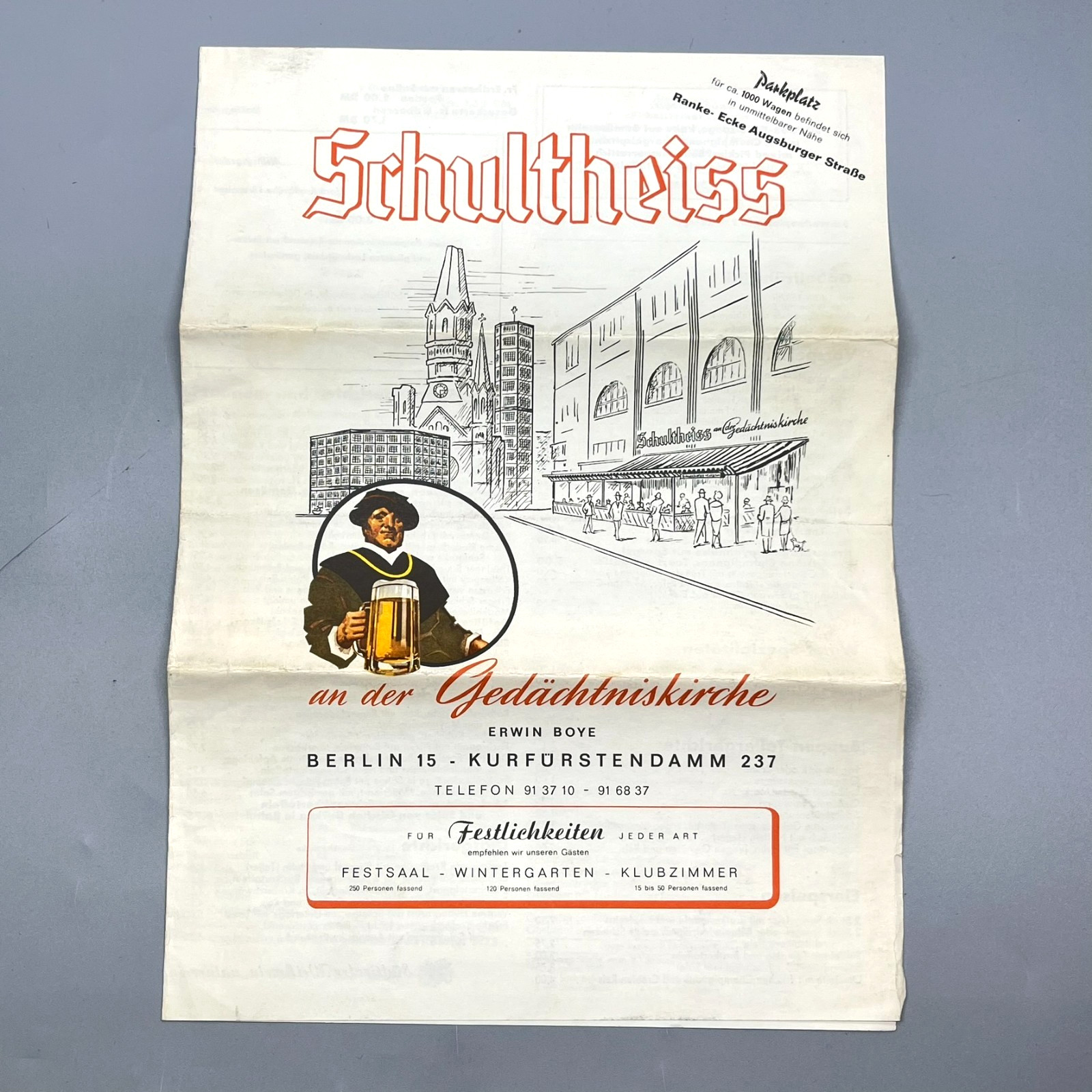 VTG 1963 German Ad Menu Schultheiss Gedachtniskirche Brewery Restaurant Berlin