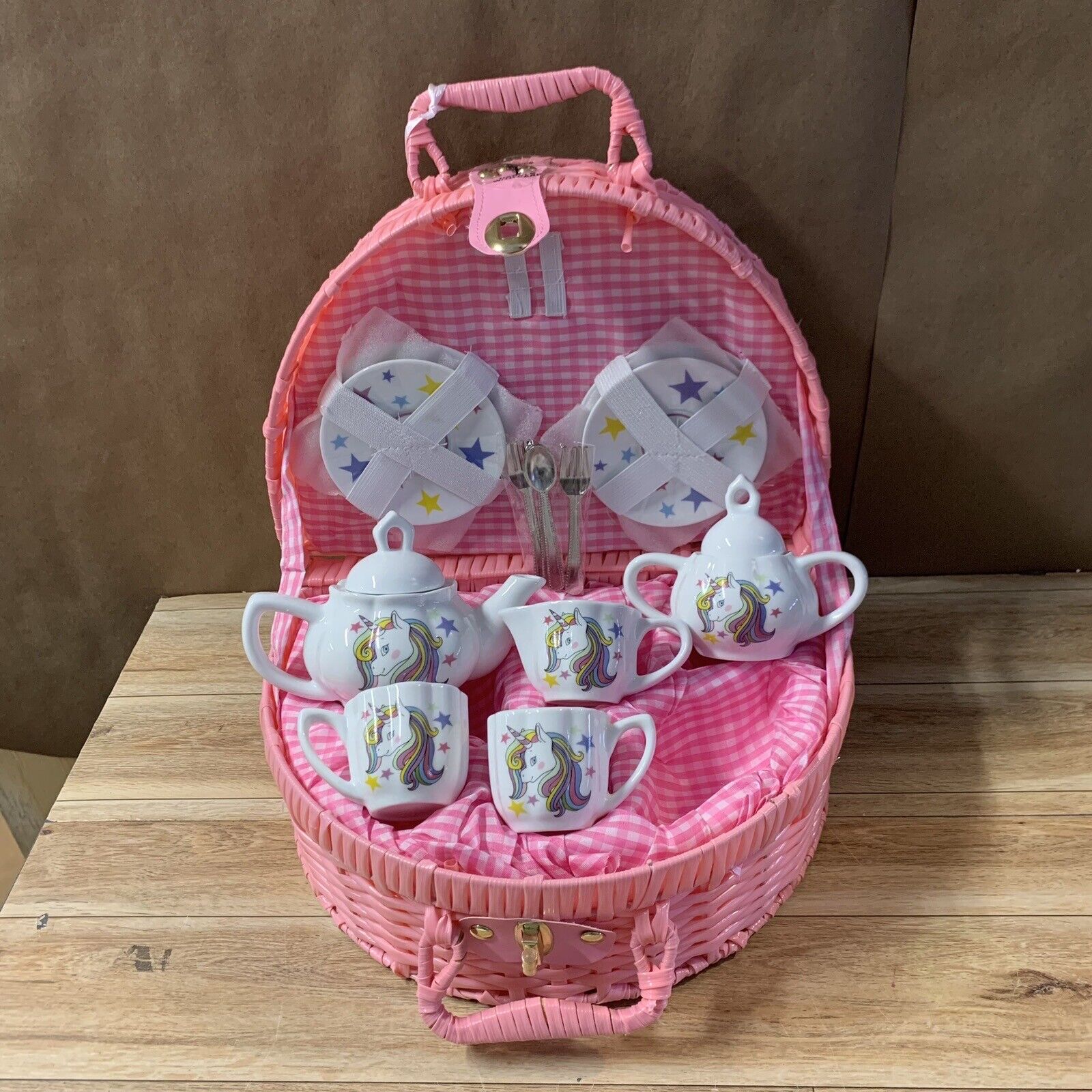 Delton Fine Collectible Tea Set Porcelain Unicorn Kids Mini Pink Basket