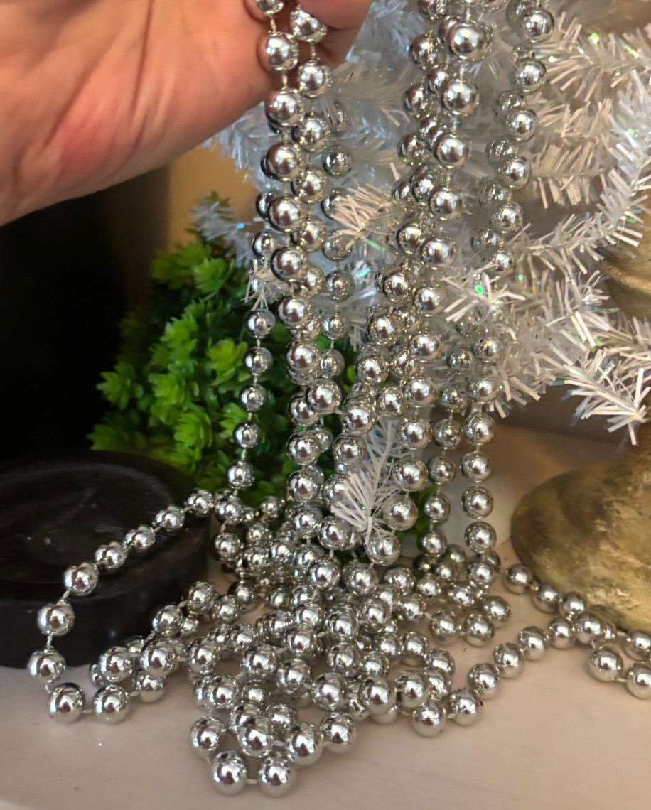 BUY 1-2 Vtg SILVER 17-18 FT Metallic Glass Look LG Bead XMAS Tree GARLAND Strand