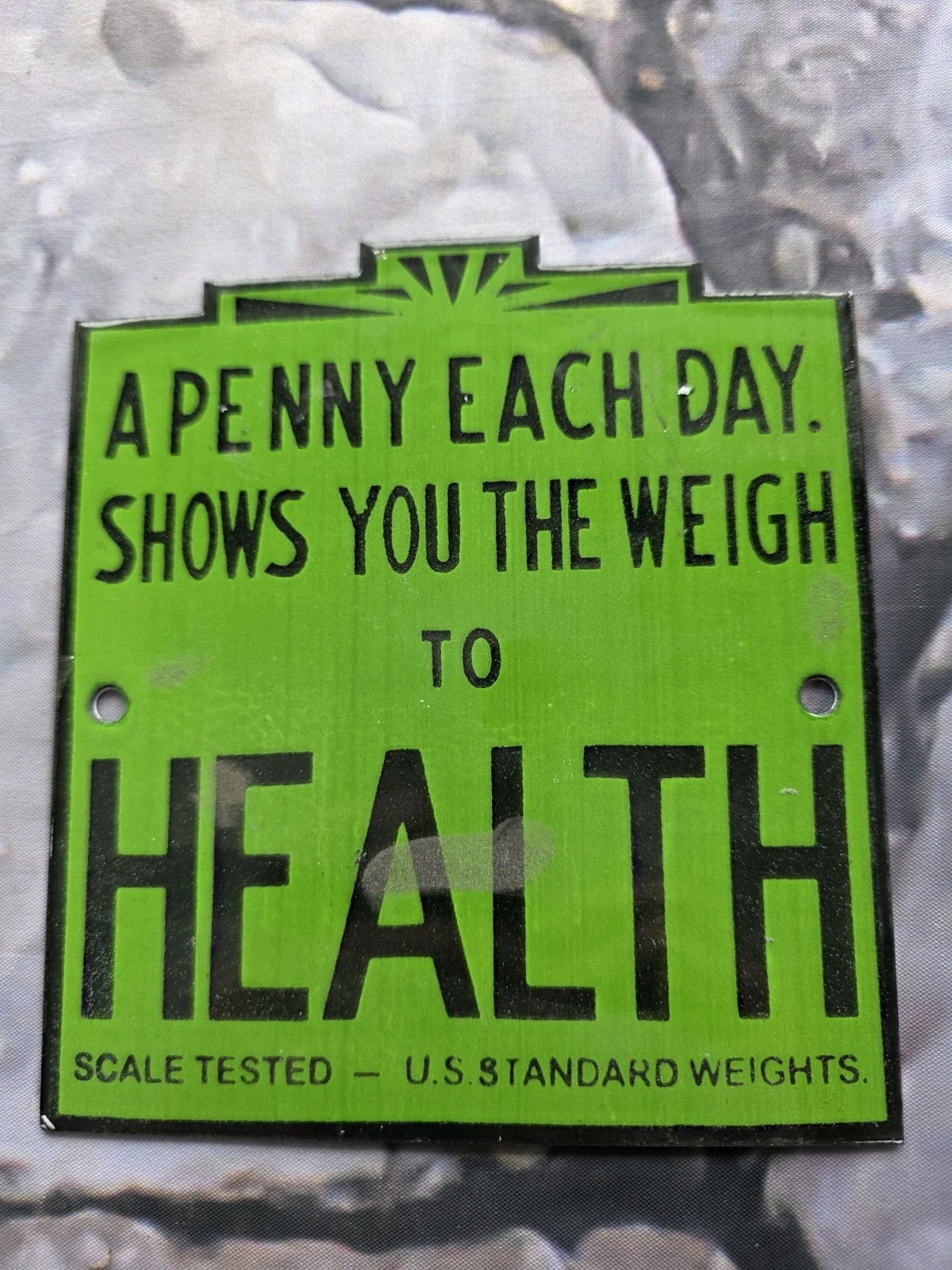 YOU SHOULD KNOW YOUR WEIGHT SCALE BATHROOM PORCELAIN METAL SIGN COBALT COIN 