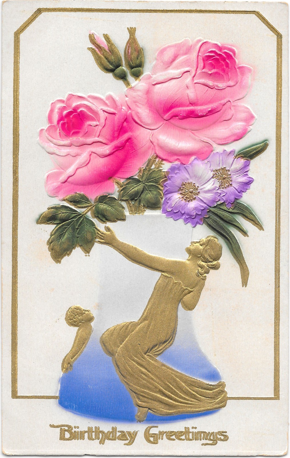 Art Nouveau Birthday Greetings Postcard Gold Gilt Roses Embossed c1910