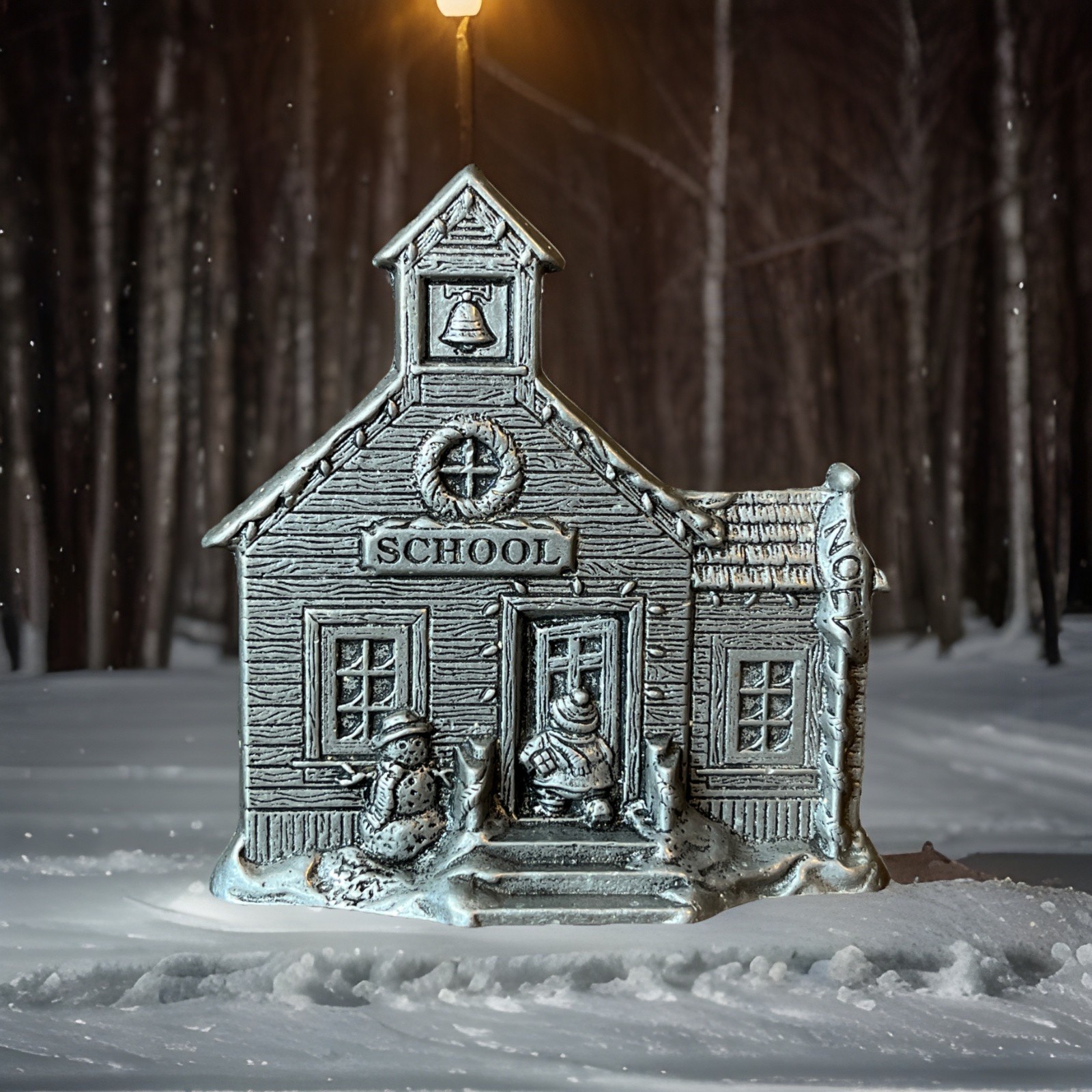VTG Carson Pewter SCHOOL HOUSE Christmas Holiday Village 2 Sided Puppy Snowman