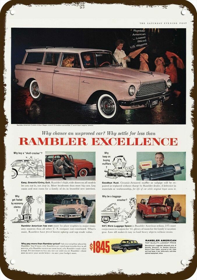 1961 RAMBLER AMERICAN Pink Station Wagon Vntg-Look DECORATIVE REPLICA METAL SIGN