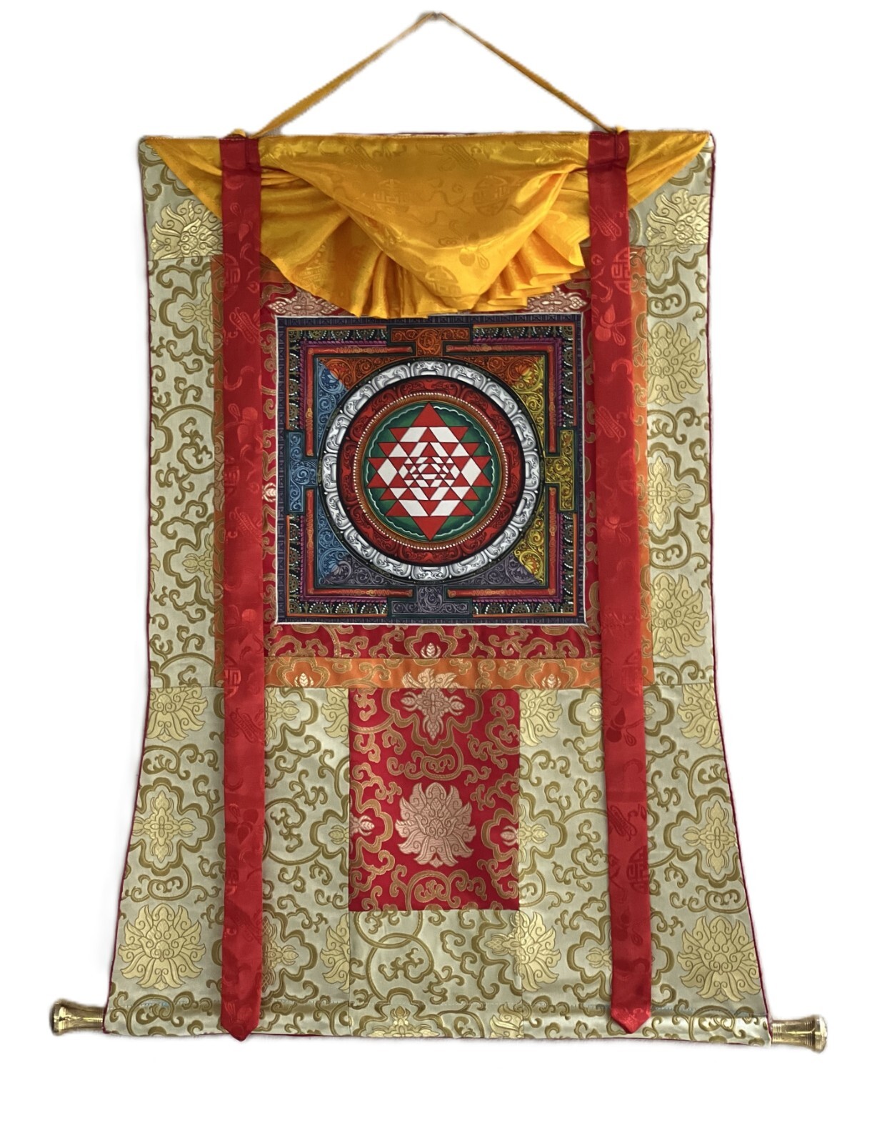 SHRI YANTRA/ SRI YANTRA  MANDALA  ORIGINAL THANGKA PAINTING  WITH SILK BROCADE