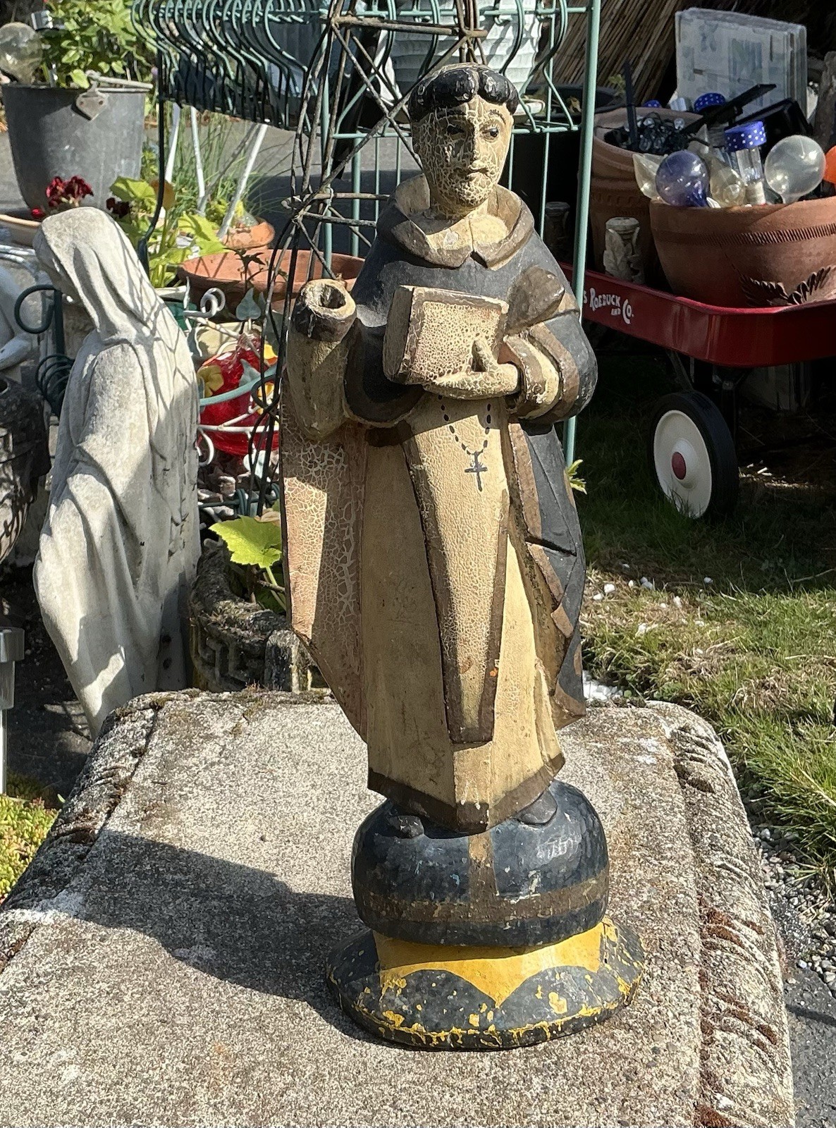 Antique Painted Carved Wood Santos Saint Statue Relic 14.5” Tall Monk Figure Vtg