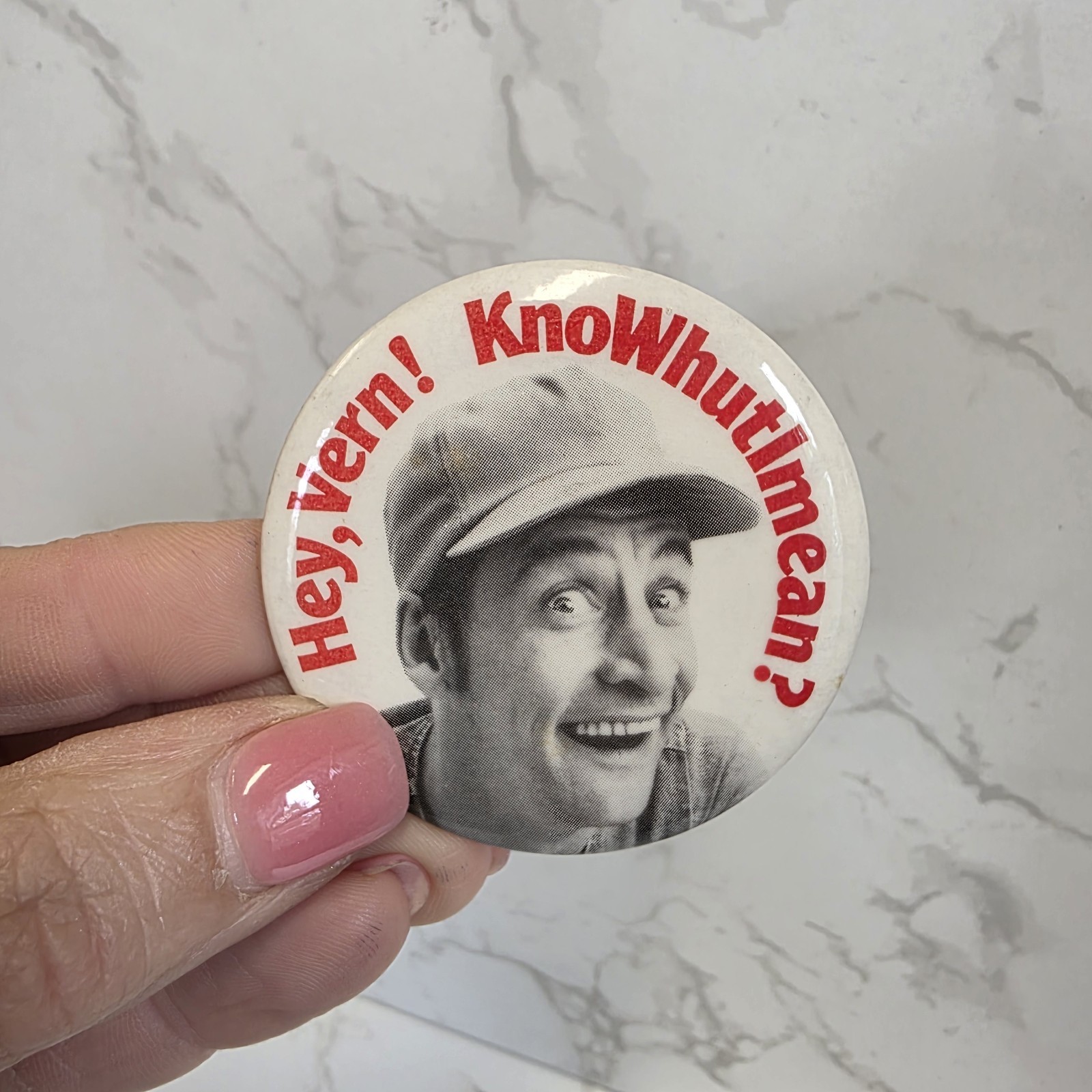 Vtg Ernest P Worrell Hey Vern KnowWhutImean Comedy Pinback TV  Button Advertise