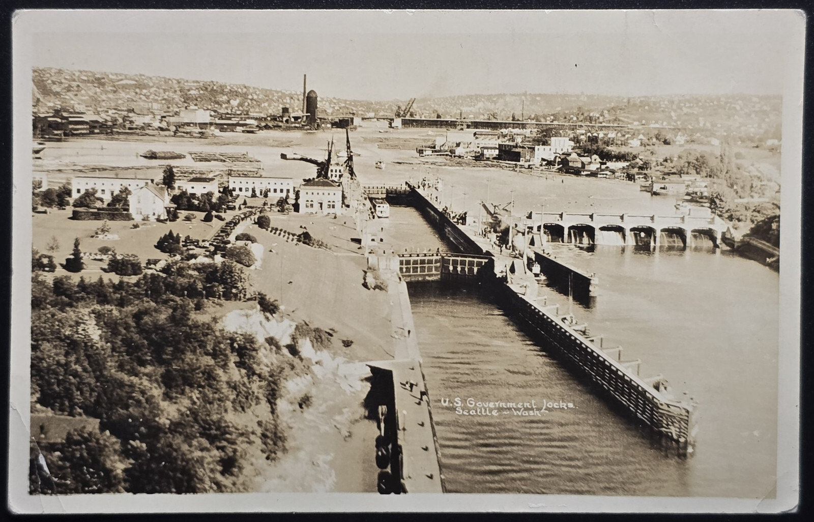 U.S. Government Locks Seattle WA RPPC Aerial View Hiram Chittenden 1930s