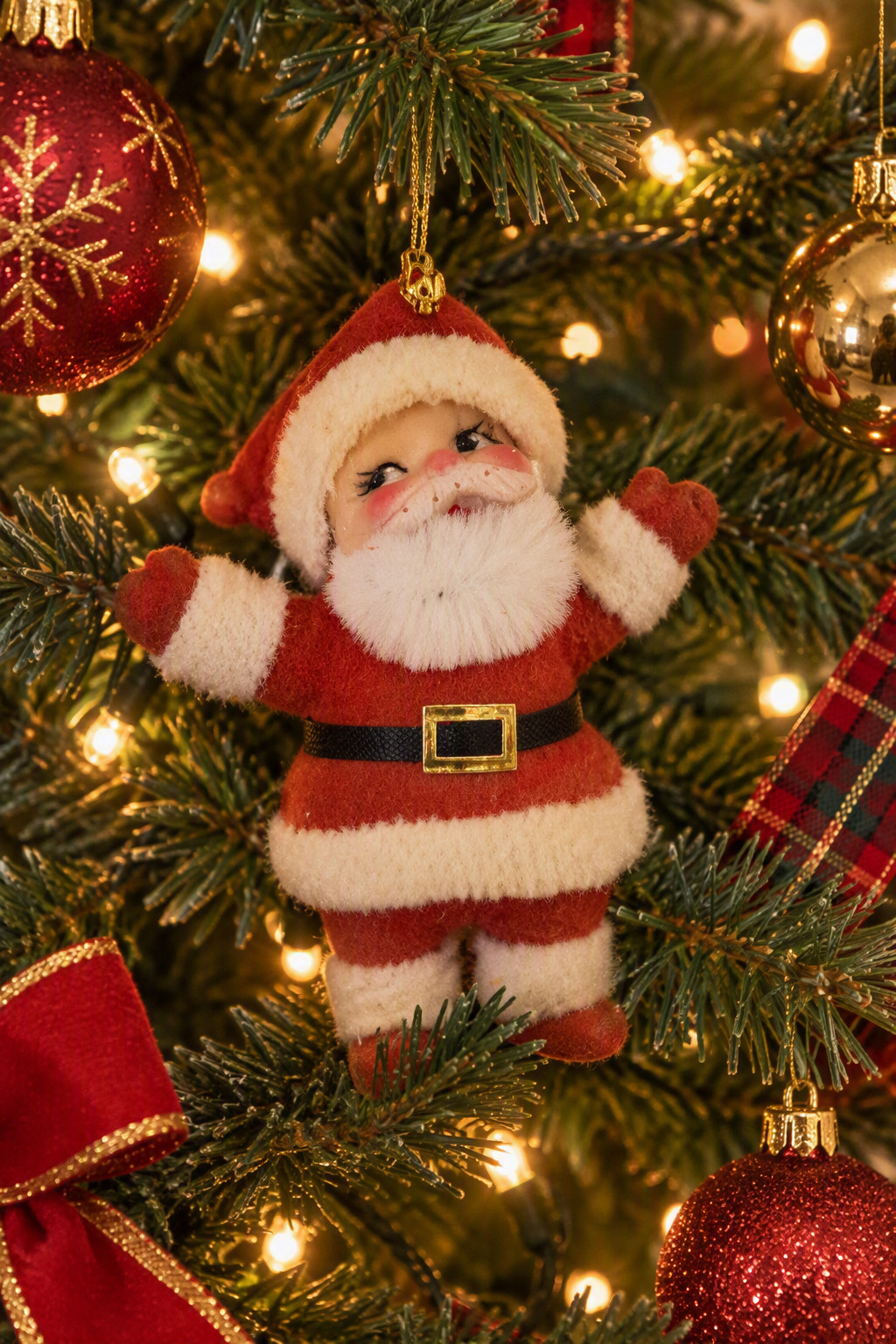 Vtg 60s Christmas Gift Santa Claus Flocked Velvet Dancing Figure Ornament  2.75\