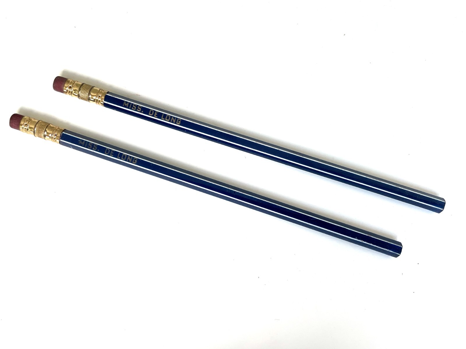 Vintage NOS LONG Ferrule Pencils Pinstrip Brass Miss Delong Wallace or Musgrave