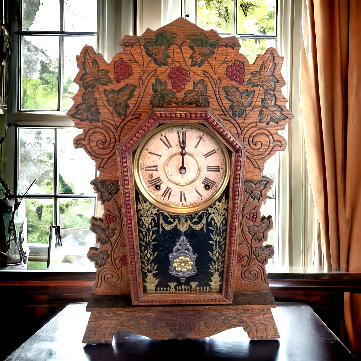 Antique 1800's Wm L Gilbert BOUQUET NO. 50 Carved 8-Day Clock EXCELLENT RUNNING