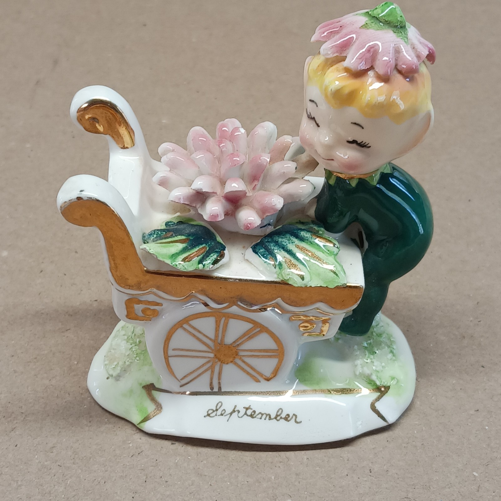Vintage 1950's Norcrest Pixie Elf On Flower Cart Aster September 