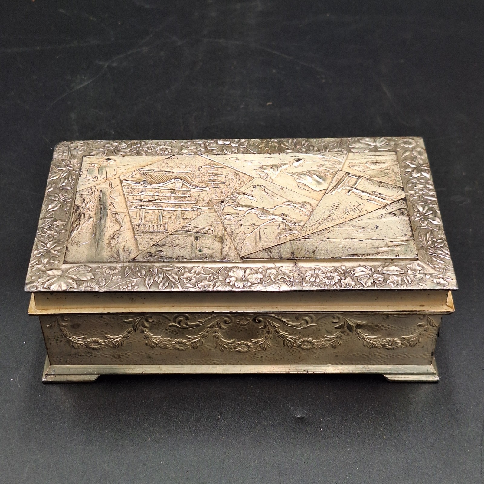 Vintage Japanese Silver Plate Repousse Trinket Jewelry Box Footed Scene