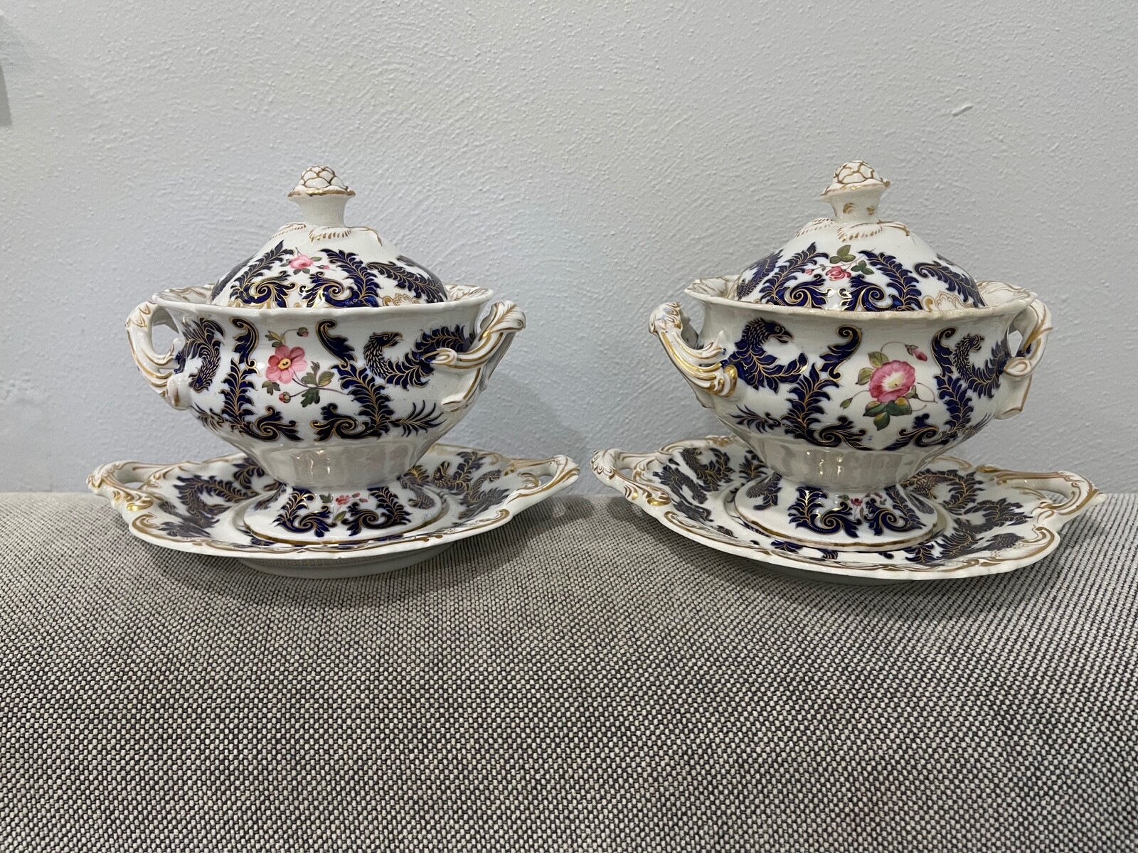 Antique 1816-40 Pair Sauce Tureen Chamberlains Worcester Cobalt Eagle Head
