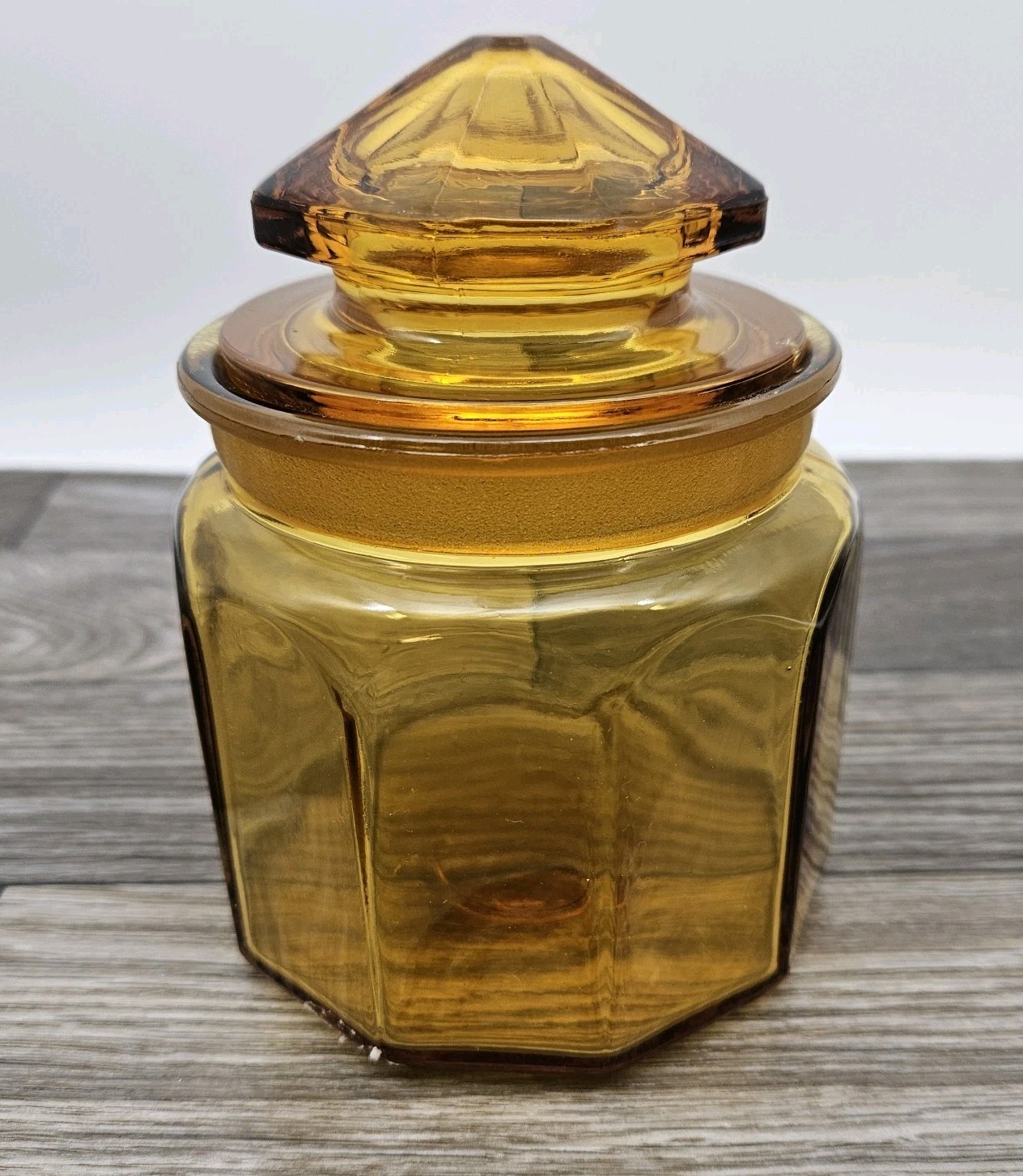 Vintage MCM Amber Glass Apothecary Small Canister Panel Thick Glass Jar 5\