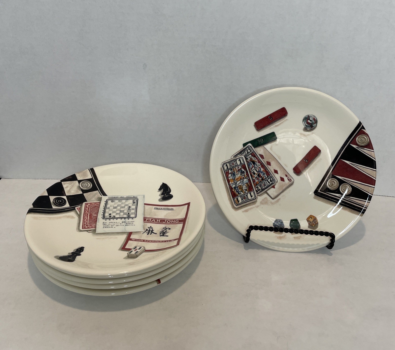 Vintage Gien France Jeux Trompe L’Oeil Canape Plates Poker Mahjong Set of 6 Vintage Gien France Jeux Trompe L’Oeil Canape Plates Poker Mahjong Set of 6
