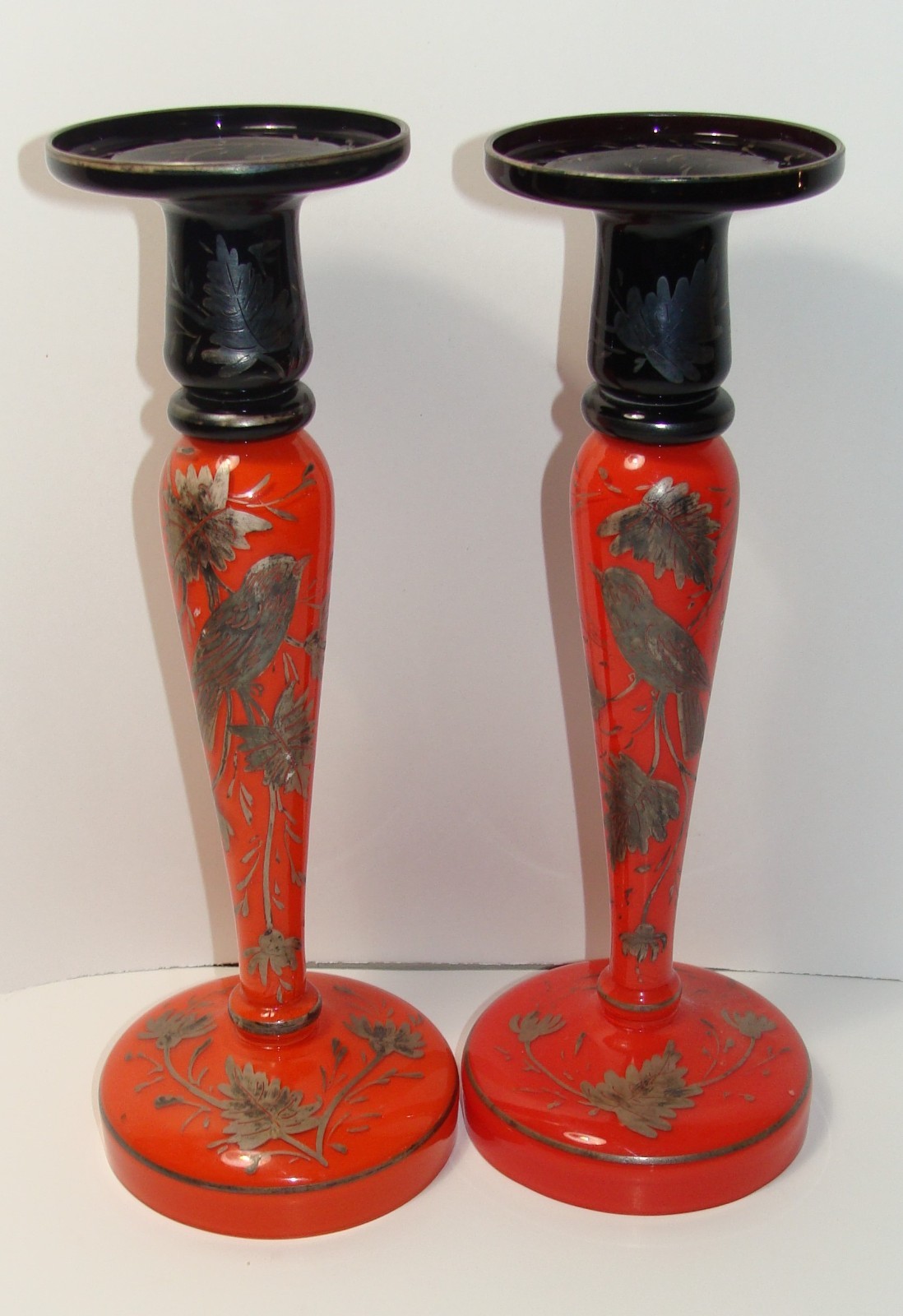 Vtg Czechoslovakia Glass Candlestick Pair Overlay Birds Floral Tango Orange 11\