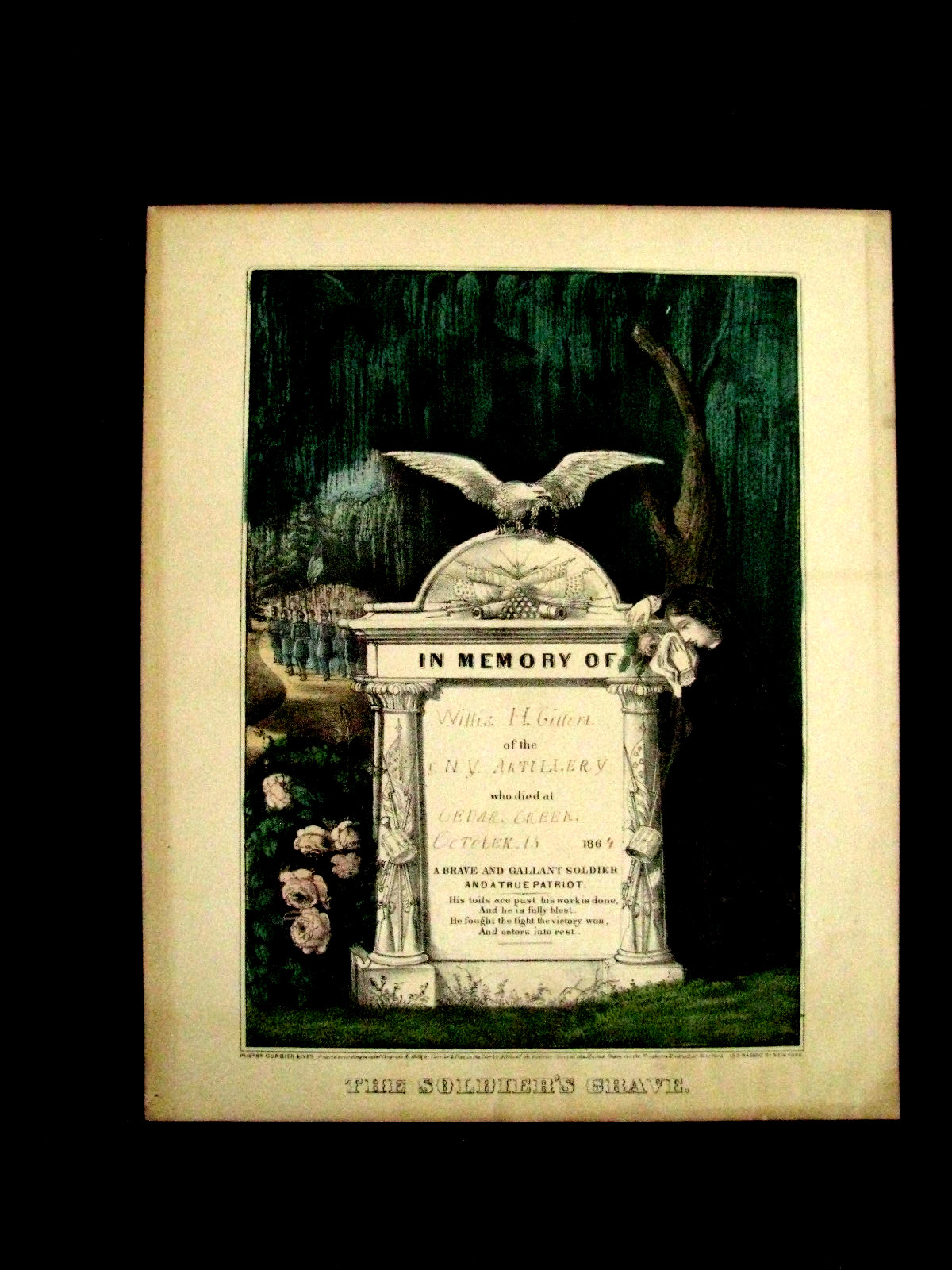 CIVIL WAR CURRIER & IVES SOLDIER MEMORIAL  KILLED CEDAR CREEK VA COLOR LITHOGRPH