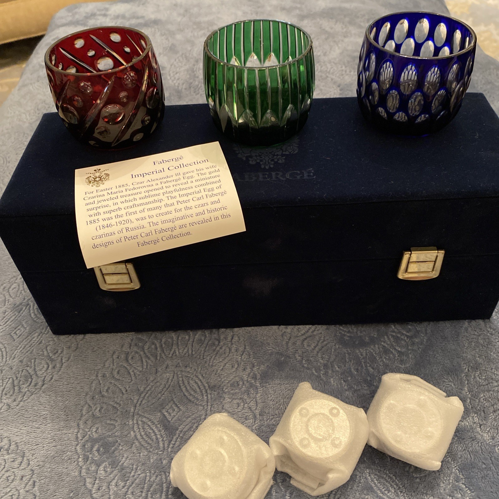 Faberge Cut to Clear Crystal Votive Set of 3 Imperial Collection Velvet Box