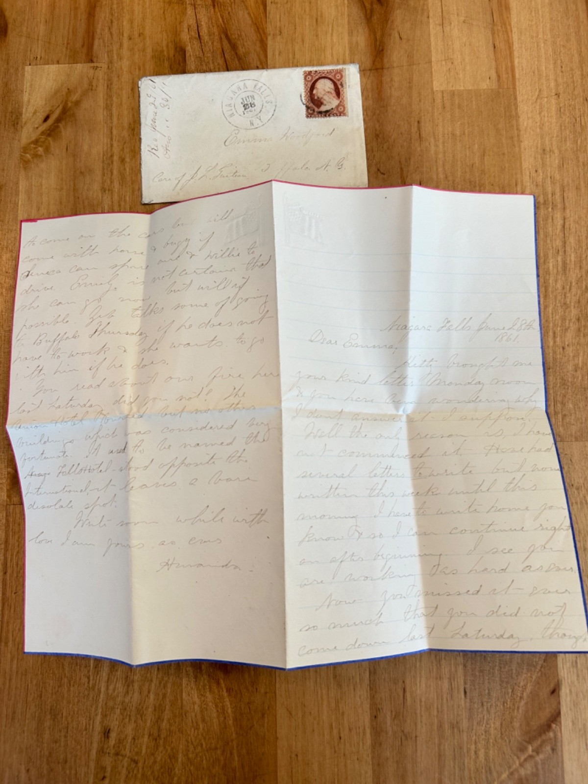 1861 Civil War Era LETTER TO Emma (KITTY) -Hernando UNION HOTEL FIRE NIAGRA FALL