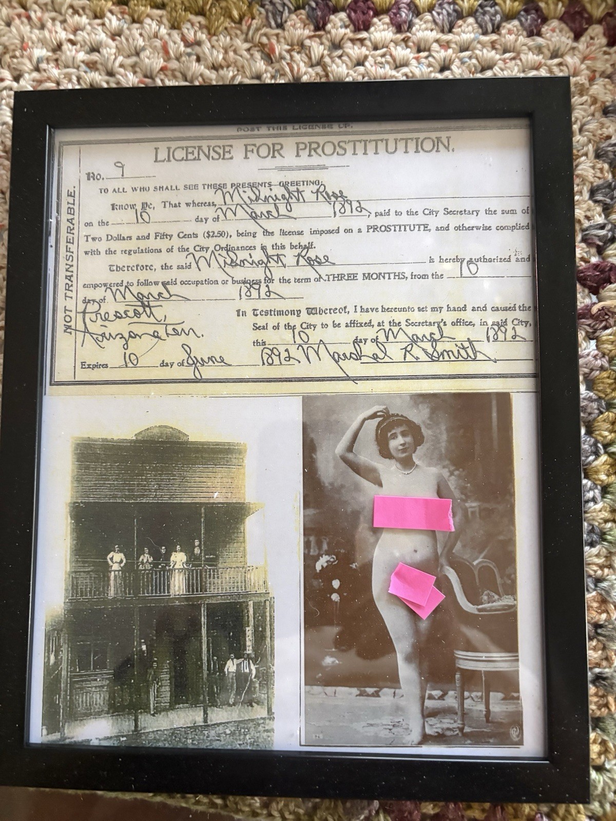 Prescott Arizona. Brothel License Prostitution Framed Vintage 1892 w/Photo 9
