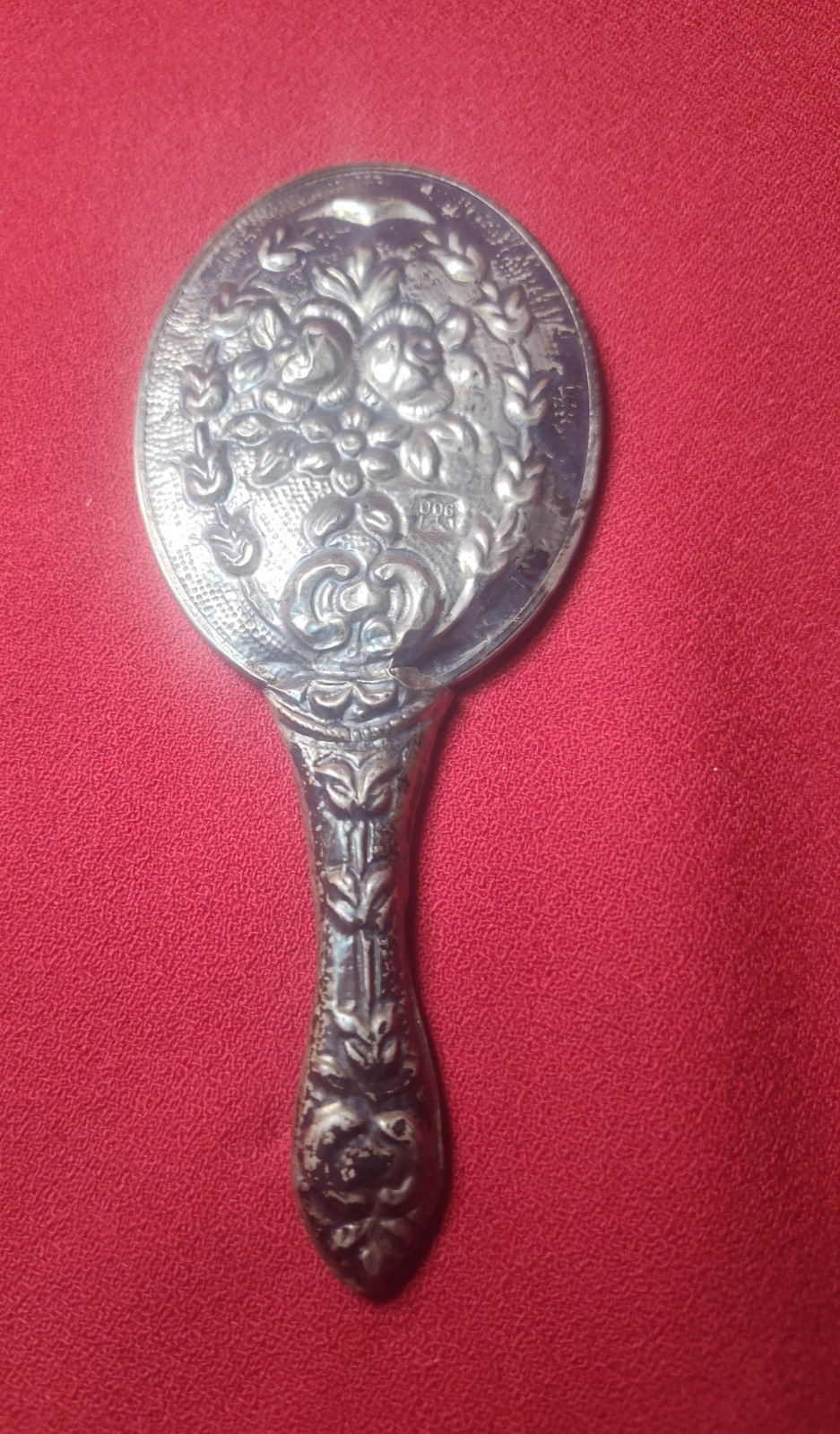 Vintage 900 Sterling Silver Hand Mirror Floral Repousse Design