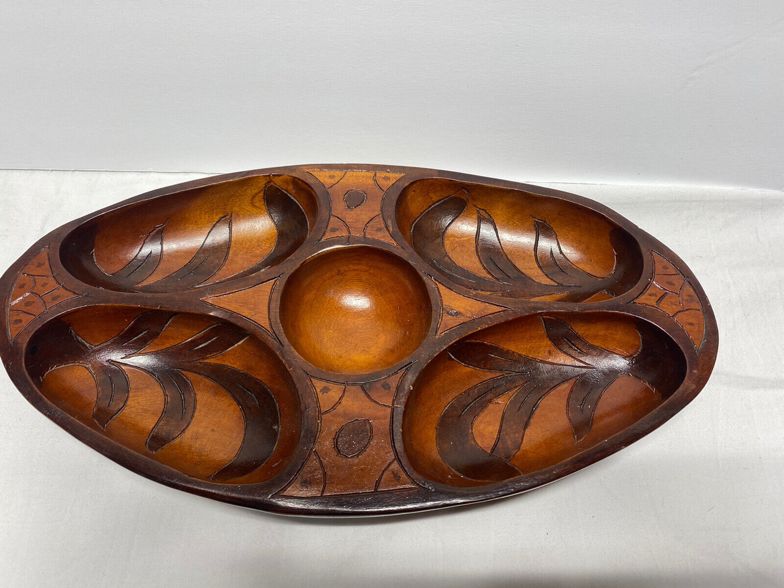 Carved wood serving bowl monkey pod 5 compartments 15x8x2\