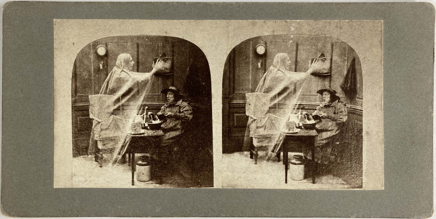 Genre Scene, The Ghost, Vintage Stereo Print, circa 1900 Vintage Stereo Print Shooting