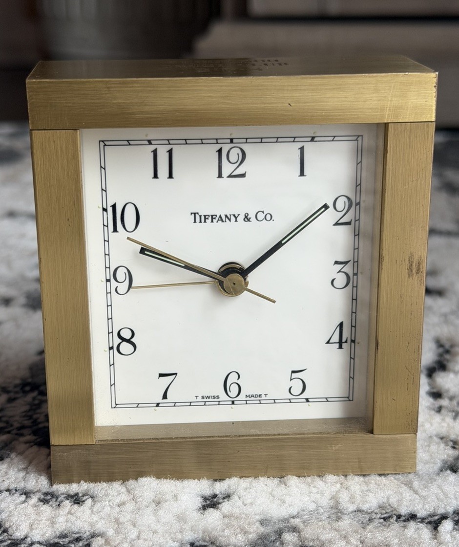 Vintage Tiffany & Co MCM Mid Century Brass Desk Executive Clock Quartz Works Vintage Tiffany & Co MCM Mid Century Brass Desk Executive Clock Quartz Works