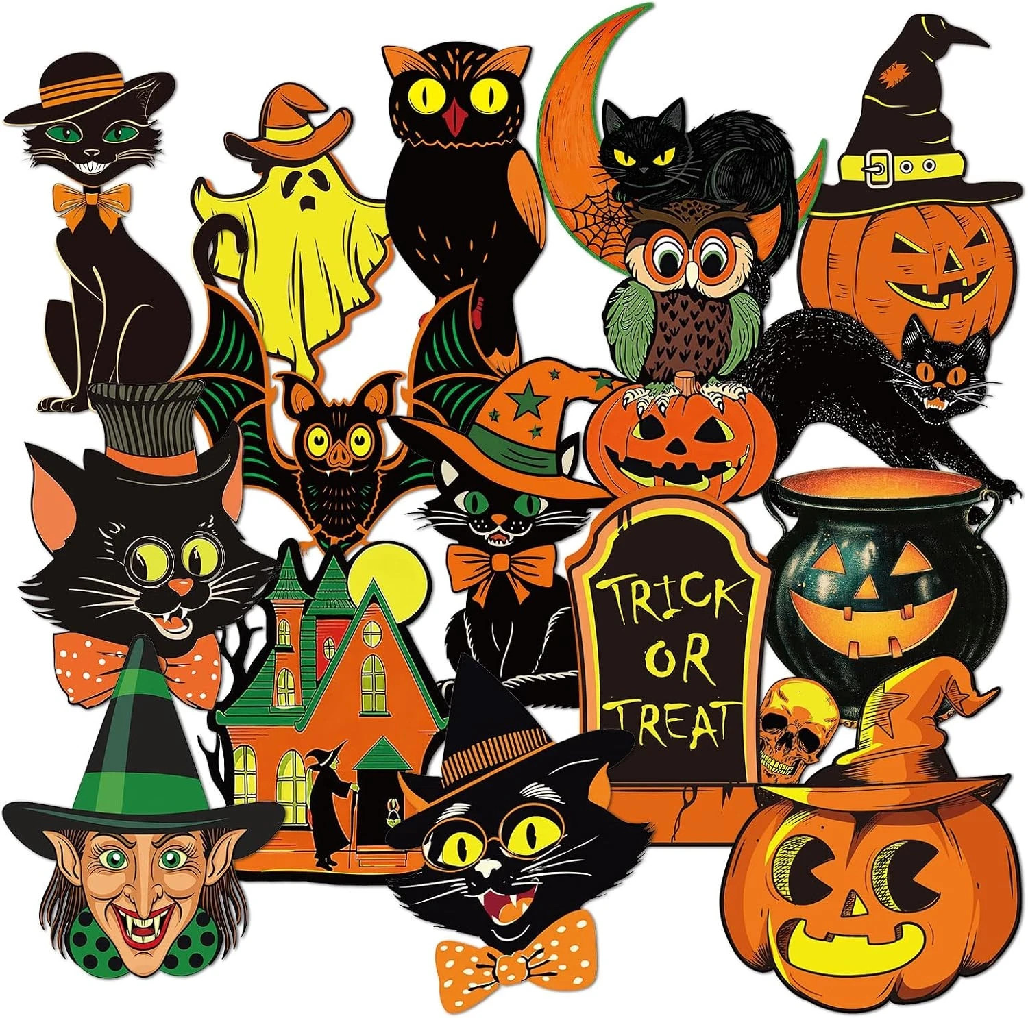 48Pcs Vintage Halloween Cutouts Retro Pumpkin Witch Cat Party Decorations