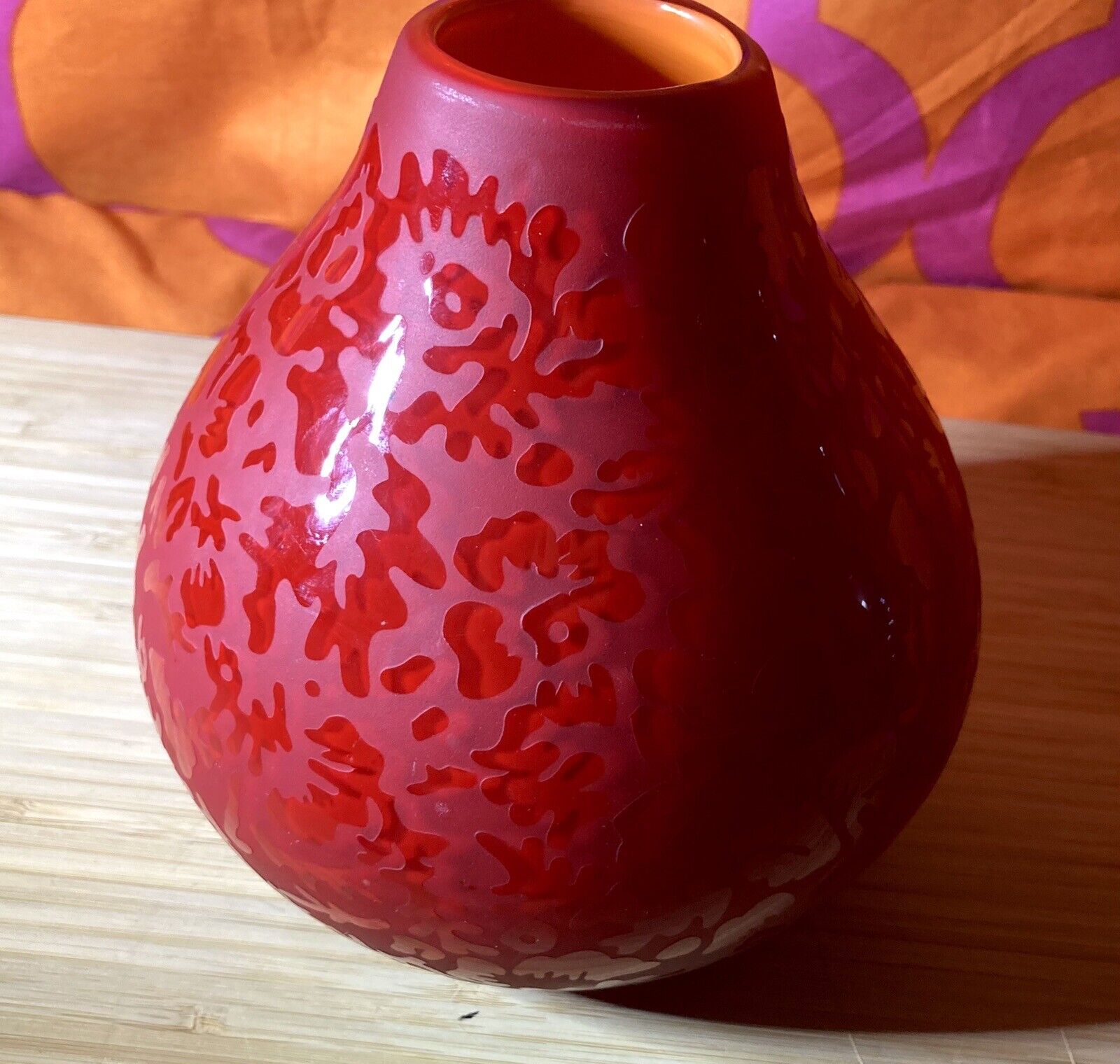 Red EI8HTEEN Karat Hand Blown Etched Glass Vase Etched Flowers Cottagecore Belis