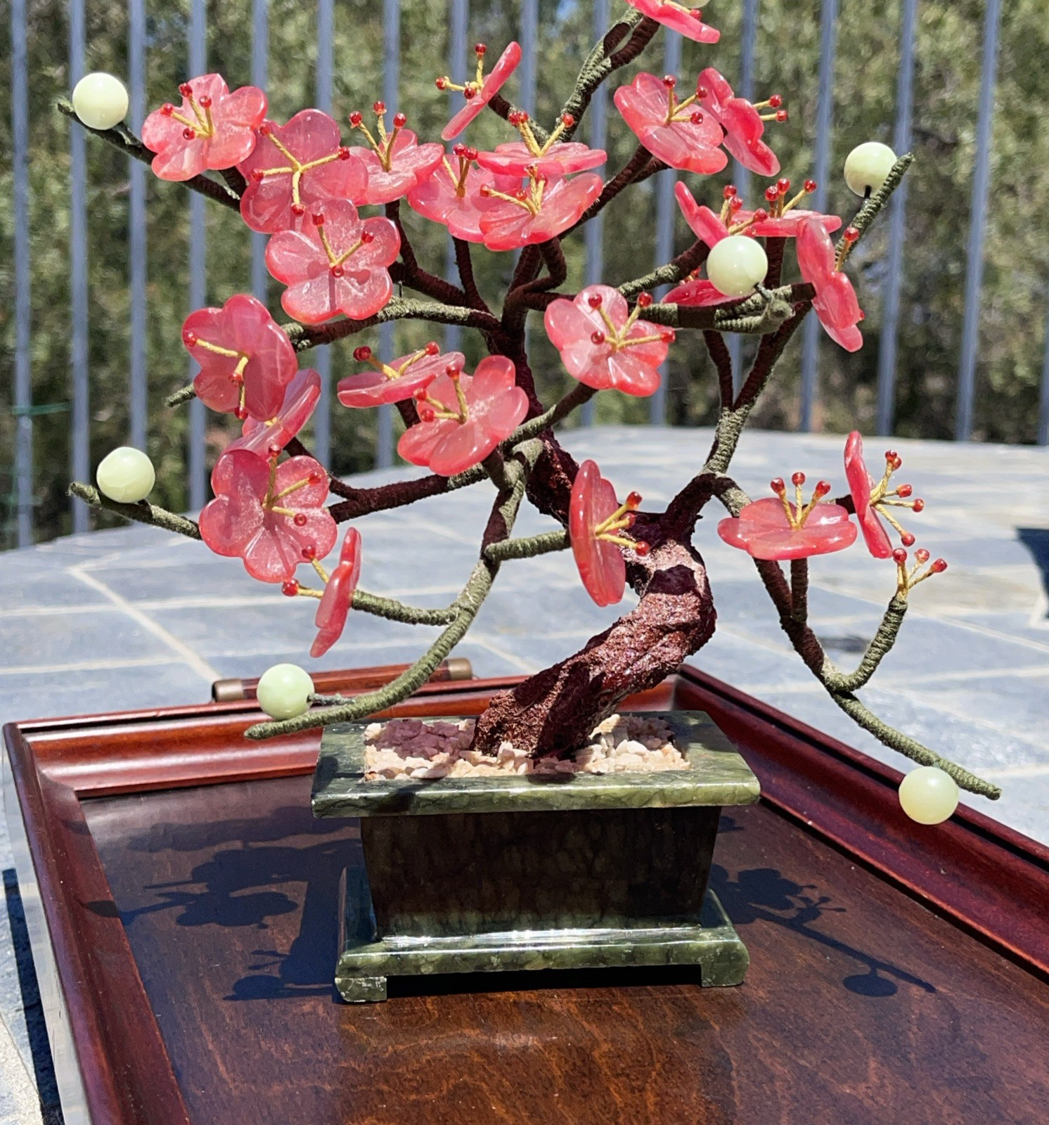 Chinese Pink Glass Cherry Blossom Flowers Bonsai Tree Plant in Green Pot Wired