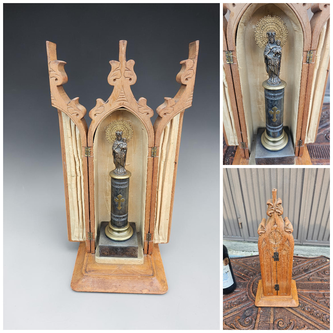 Vintage Virgen del Pilar Wooden Triptych Shrine Spanish Reliquary