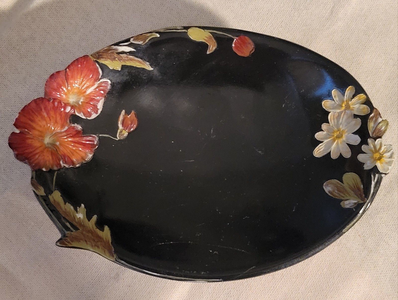 Vintage Hand Painted Black Ceramic Trinket Dish 3D Raised Poppies Flowers 