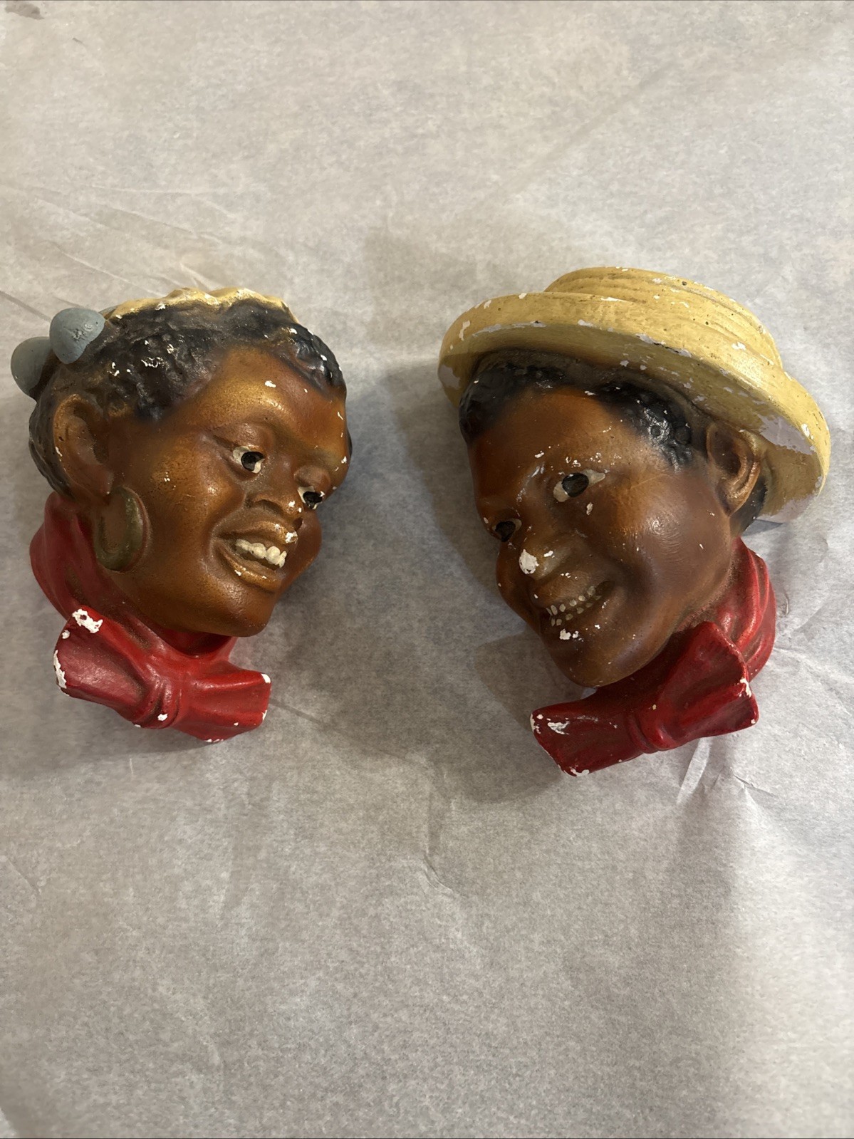 Antique African Wall Face Plaque Chalkware  Vintage Decor Set Of Two