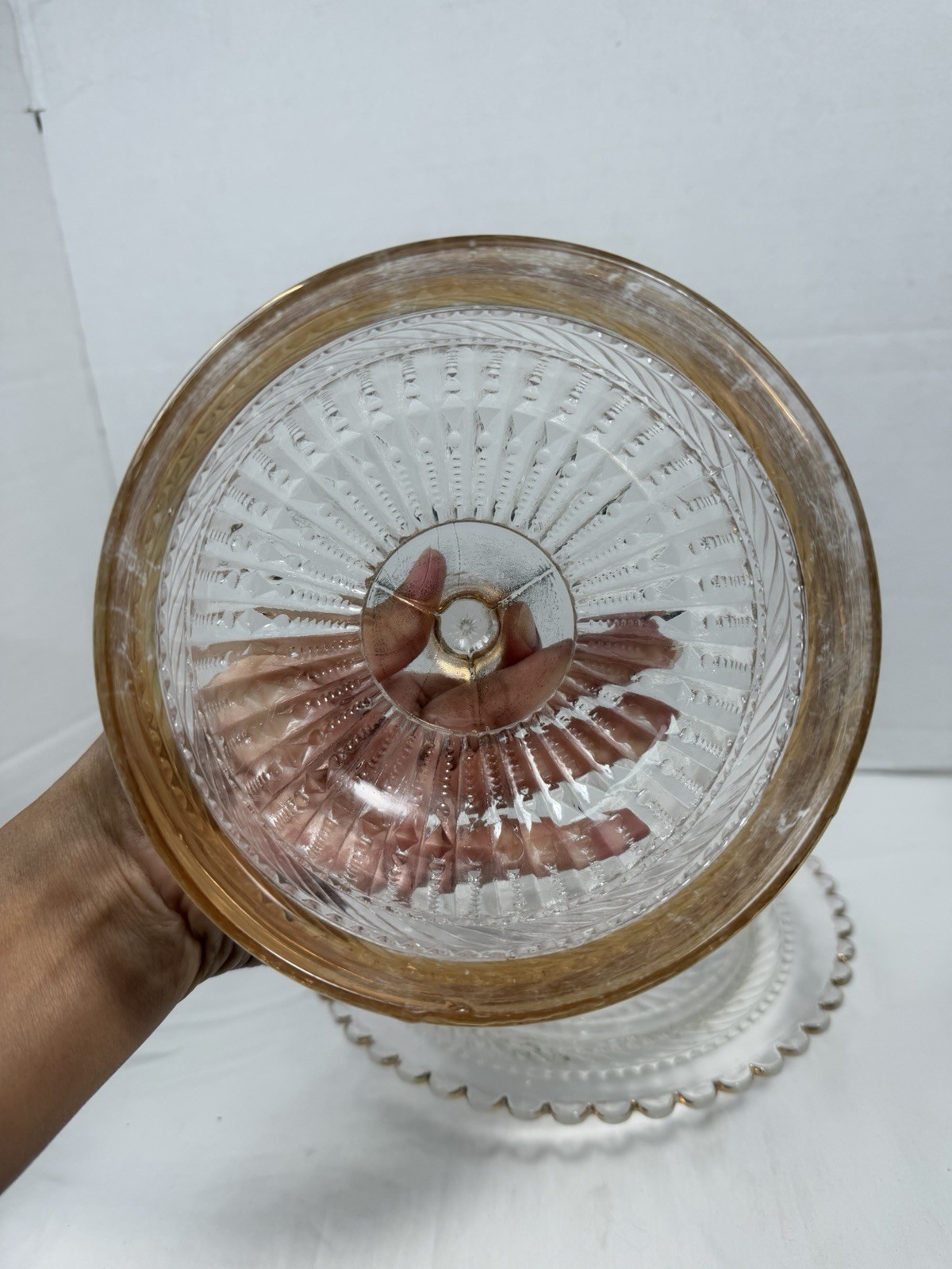 Antique EAPG Glass Butter Dish Dome Harvard Yard Tarentum Gold Trim