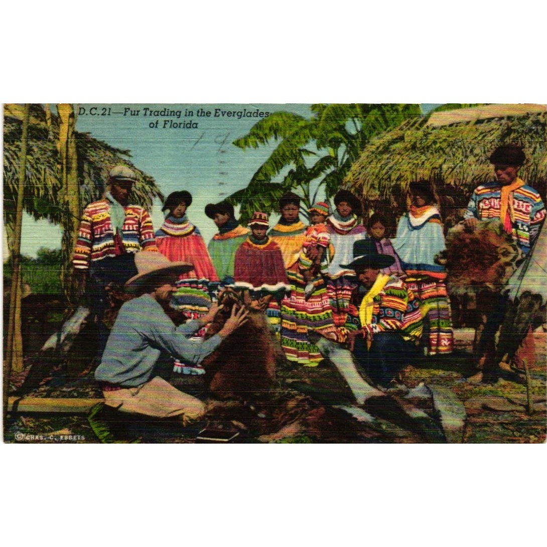 Vintage 1951 Fur Trading Everglades Florida Seminole Indians Linen Postcard DC21