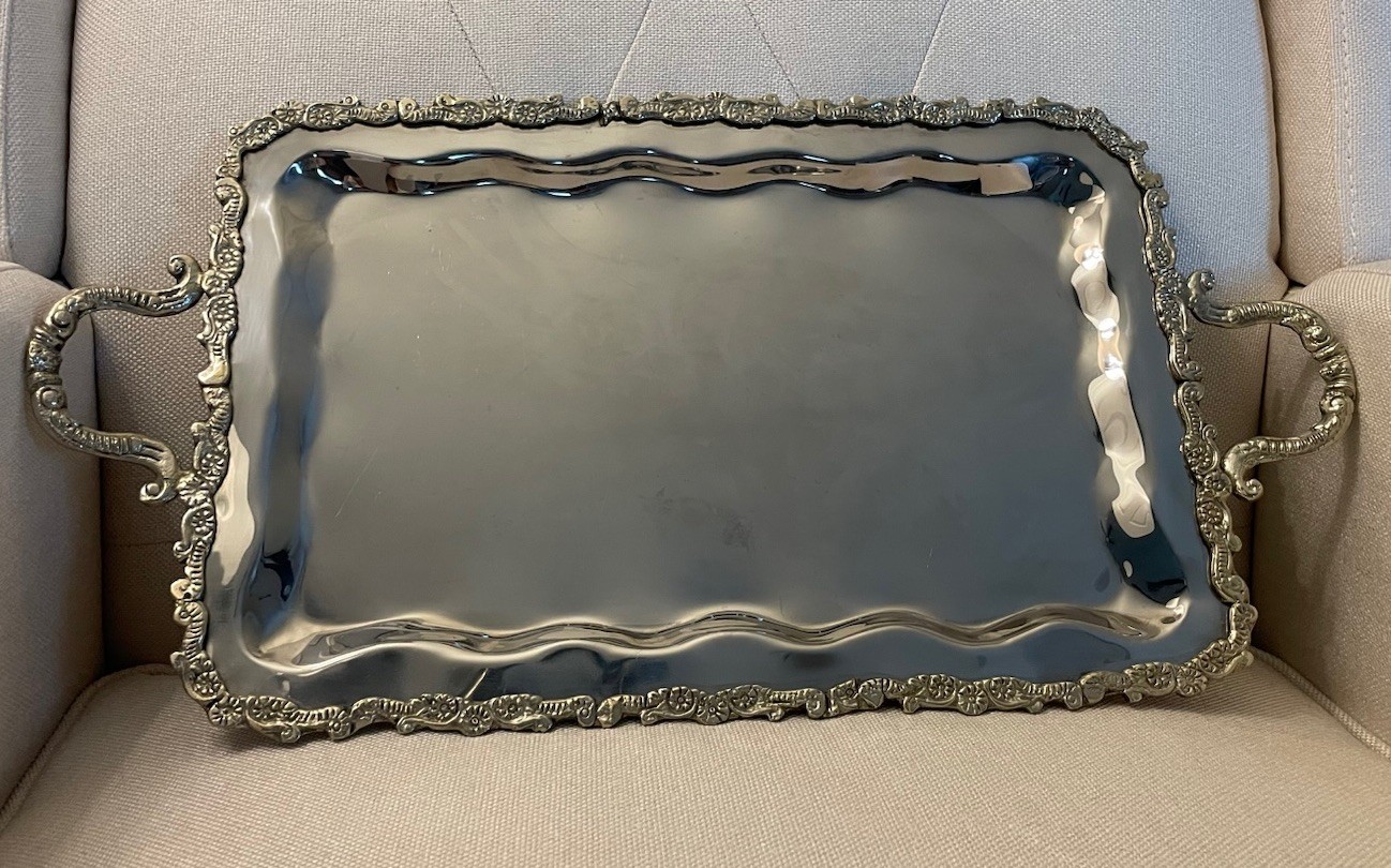 Vintage Ornate Silver Tone Serving Tray Floral Scroll Handles Hollywood Regency