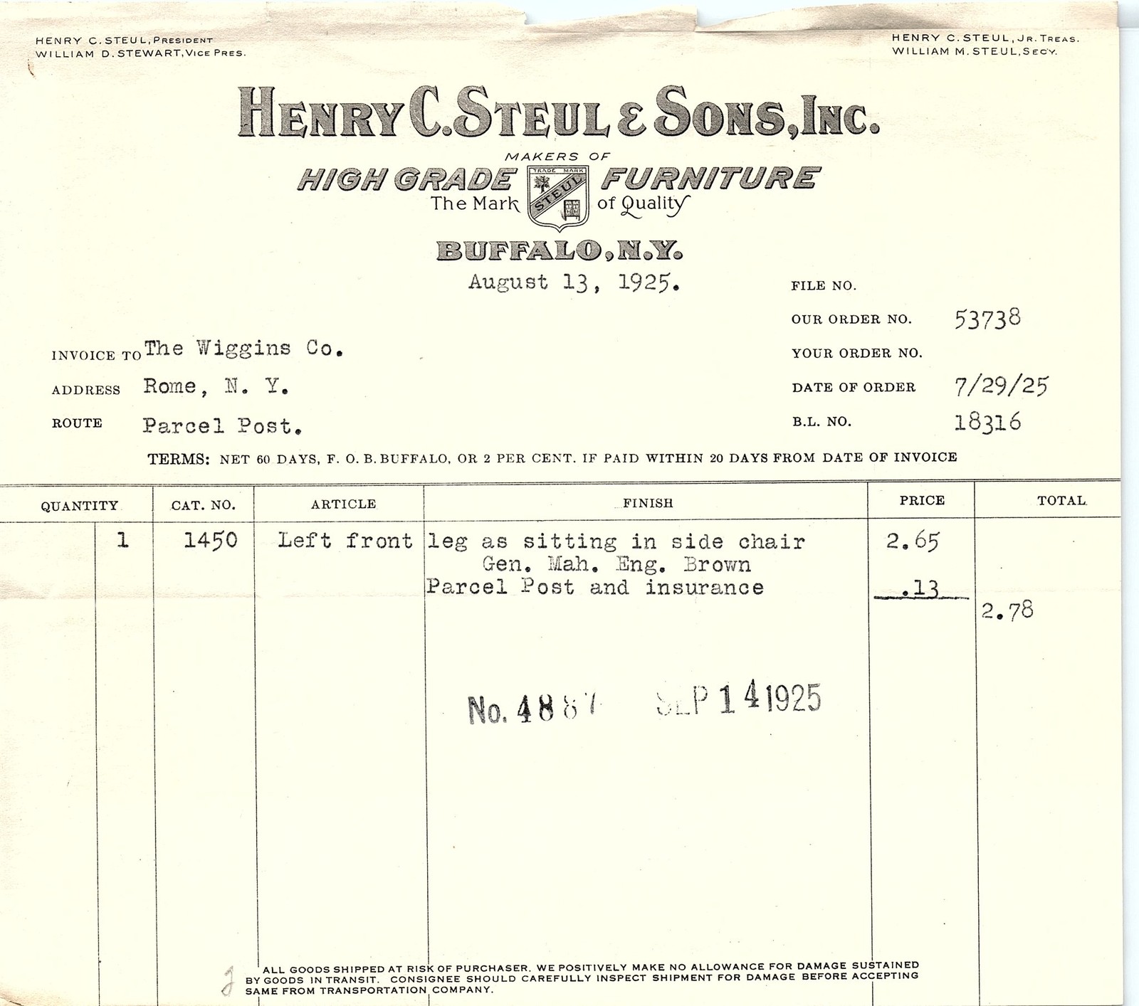 1925 Henry C. Steul & Sons, Buffalo NY Furniture Billhead