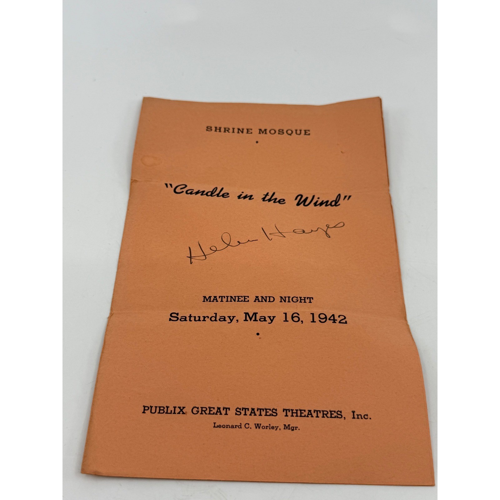 Vintage 1942 Helen Hayes Signed Play Program Candle in the Wind Shrine Mosque