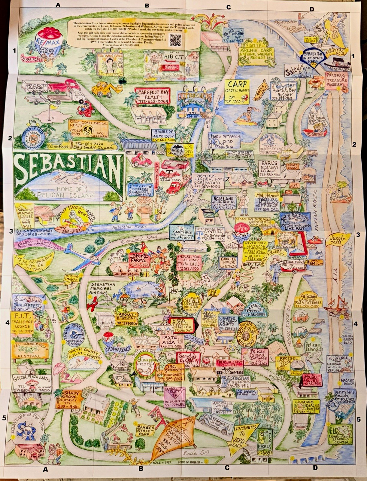 2016 Sebastian Florida Cartoon Poster Map 18x24 Pelican Island Treasure Coast