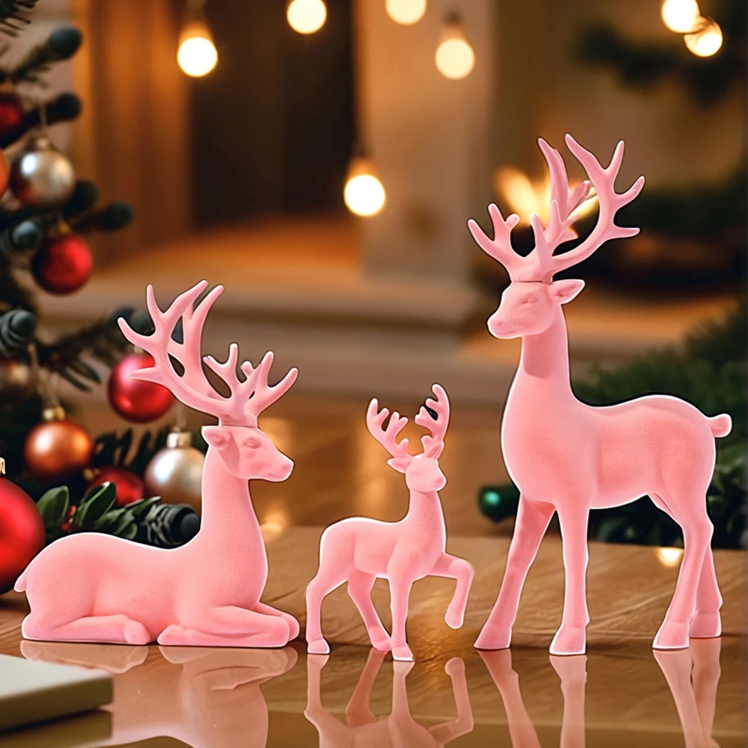 3 Pc Large Flocked Reindeer Figurines Pink Christmas Decor Resin