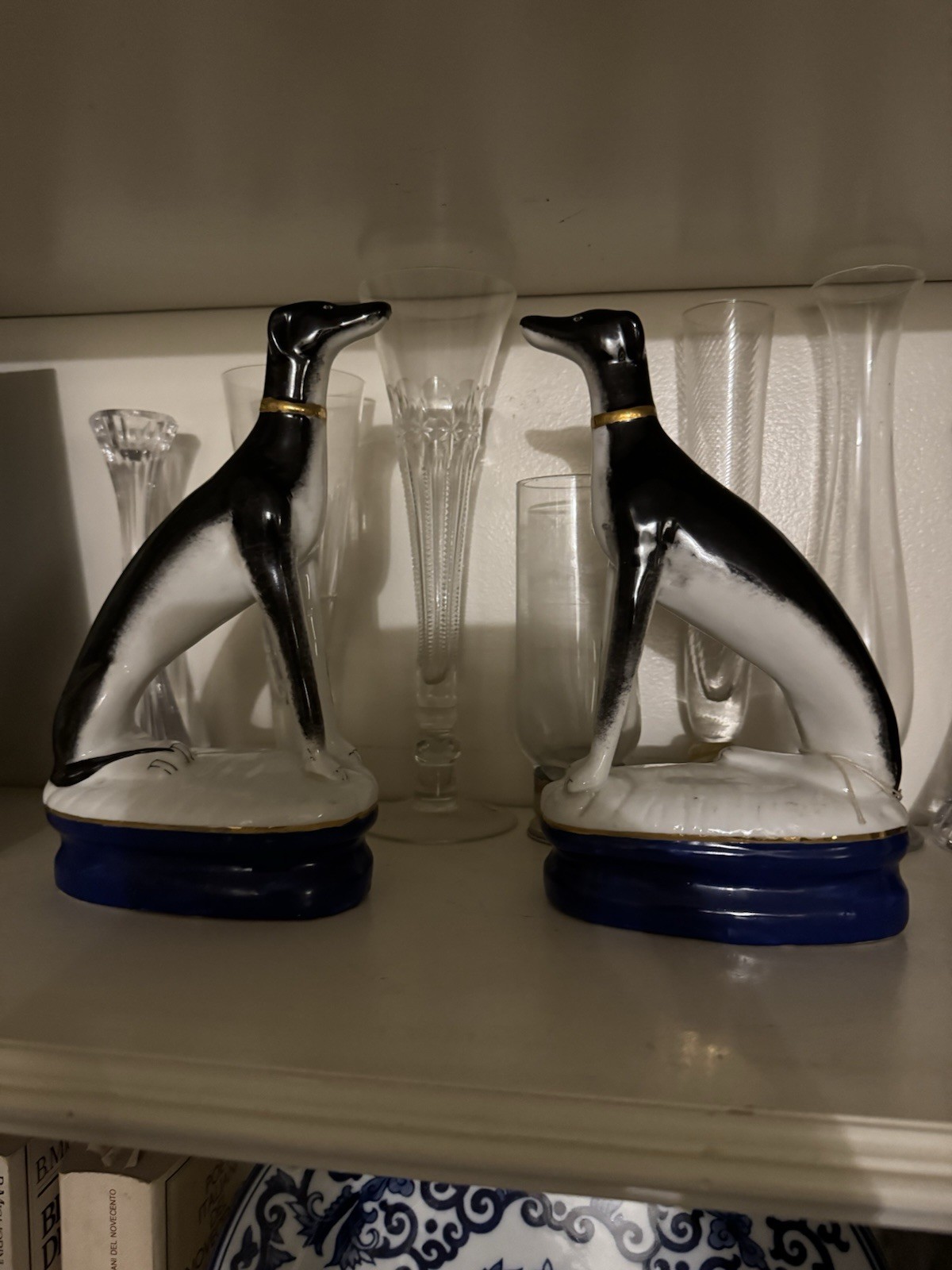 Set of 2 Vintage Greyhound Whippet Dogs Figurines Black White Blue Unmarked