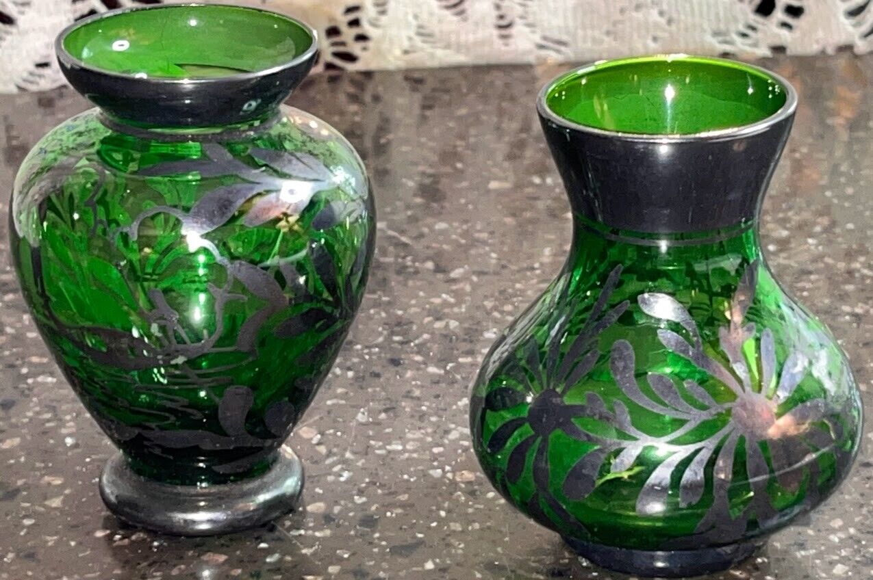 Antique Green  Murano Glass Vases Silver Overlay Bo arg. 925% miniature PAIR