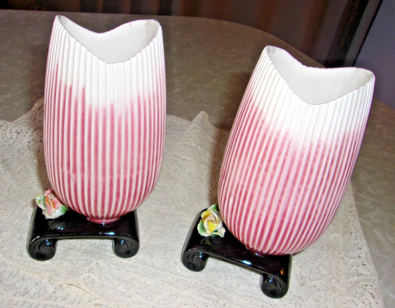 2 Vtg Vases Art Deco Black Base White Pink Ombre Rose Buds