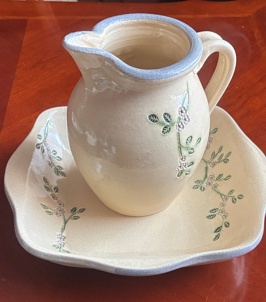 Vintage Style Ceramic Pitcher and Basin Set Floral Detail Heavy